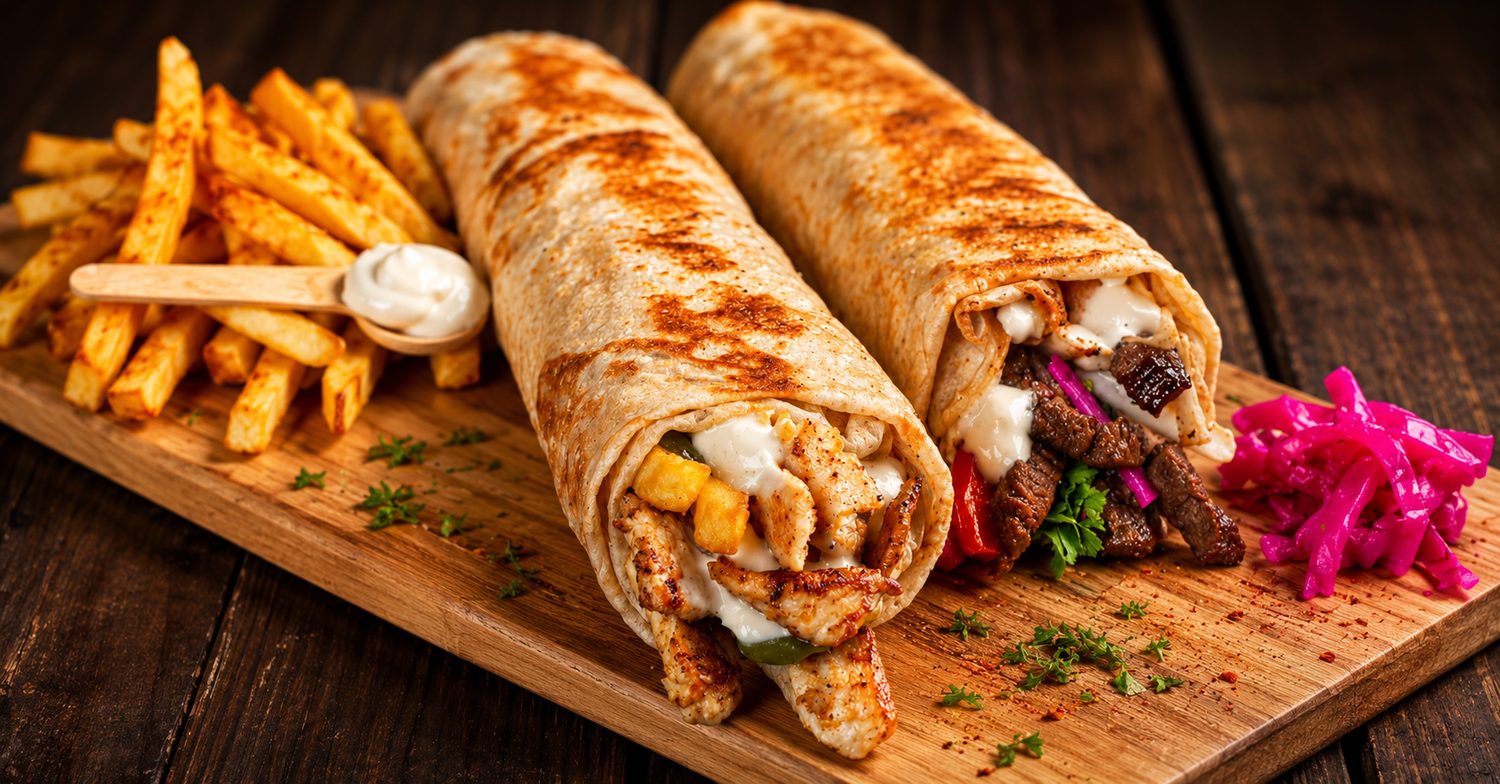 Chicken and beef shawarma wraps served with fries and garlic sauce
